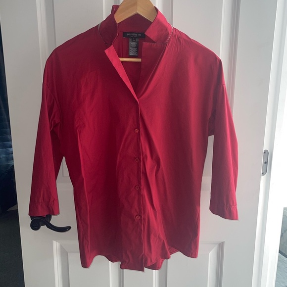Lafayette 148 Dark Red Maroon 3/4 Sleeve Button Down Blouse Sparkle Beads Monili - Picture 2 of 8